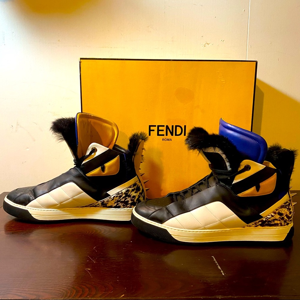 FENDI LITTLE MONSTER FUR-TRIMMED HIGH-TOP SNEAKERS SIZE 9 (fits a US 10.5)